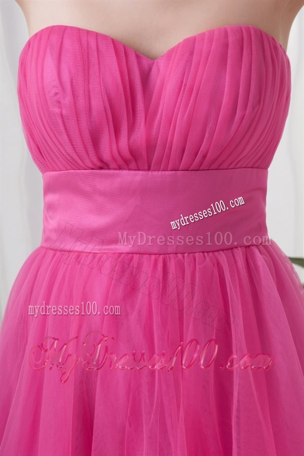 A-line Tulle Sweetheart Hot Pink Ruching Long Evening Dress