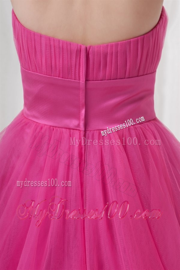 A-line Tulle Sweetheart Hot Pink Ruching Long Evening Dress