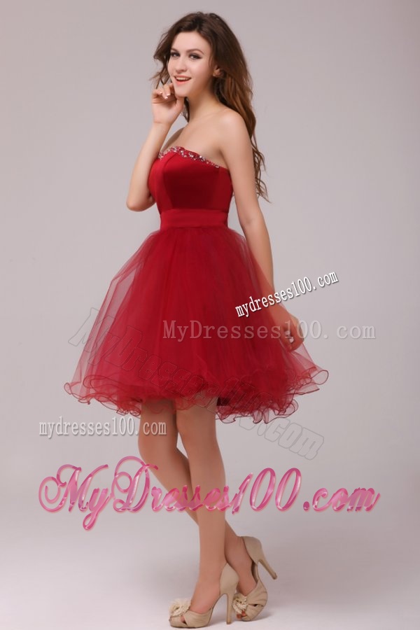 A-line Wine Red Sweetheart Beading Knee-length Evening Dress