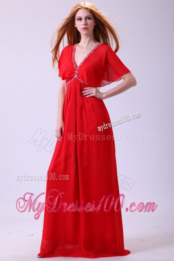 Affordable Empire V-neck Beading Chiffon Short Sleeves Evening Dress in Red