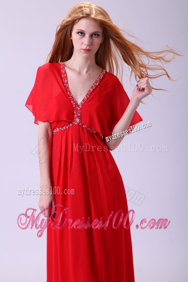 Affordable Empire V-neck Beading Chiffon Short Sleeves Evening Dress in Red