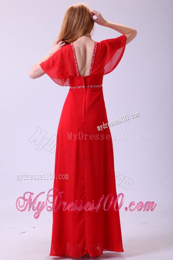 Affordable Empire V-neck Beading Chiffon Short Sleeves Evening Dress in Red