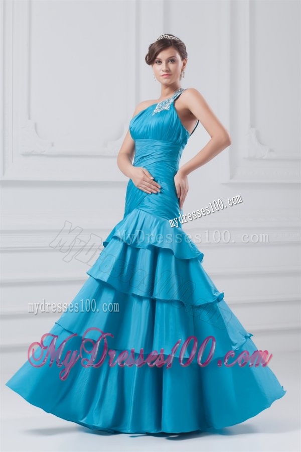 Affordable One Shoulder Taffeta Beading and Ruching Blue Evening Dress