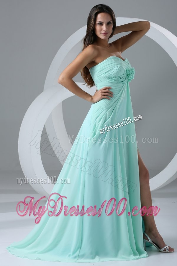 Aqua Blue High Slit Sexy Evening Dress with Flowers and Ruching