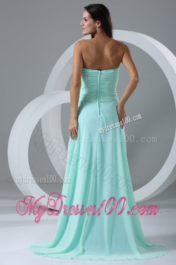 Aqua Blue High Slit Sexy Evening Dress with Flowers and Ruching