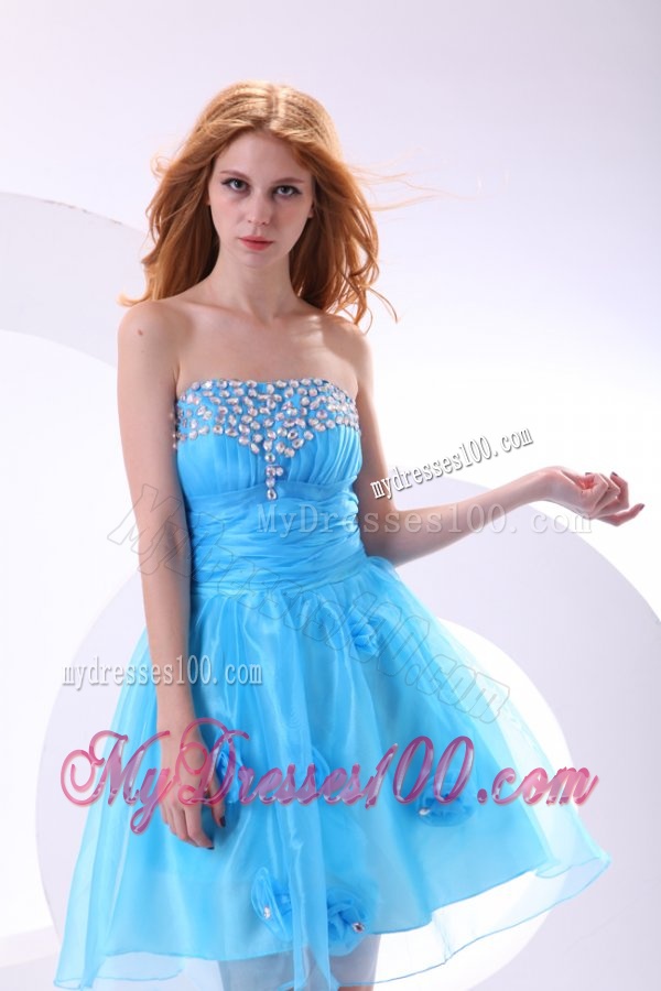 Aqua Blue Strapless Evening Dress with Beaded and Flowers