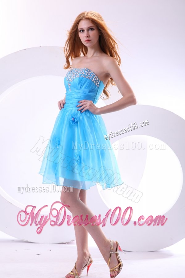 Aqua Blue Strapless Evening Dress with Beaded and Flowers