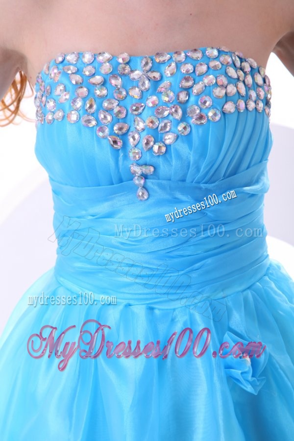 Aqua Blue Strapless Evening Dress with Beaded and Flowers