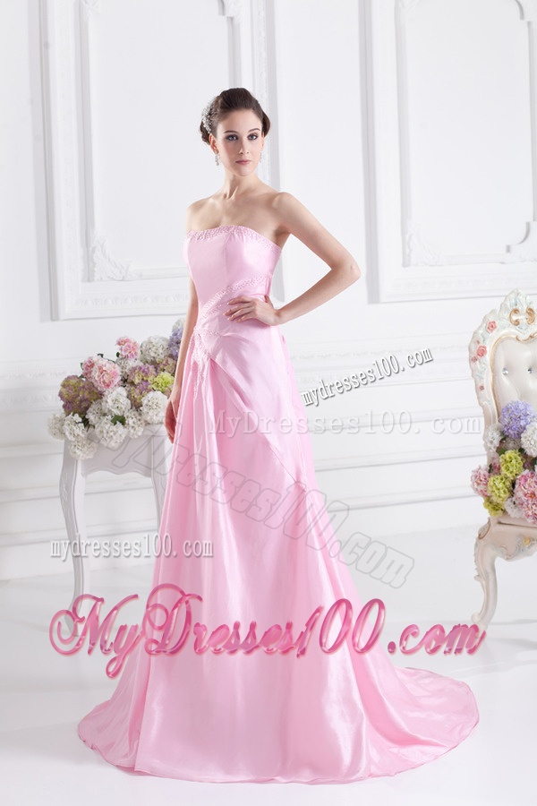 Baby Pink A-line Court Train Strapless Ruching Evening Dress