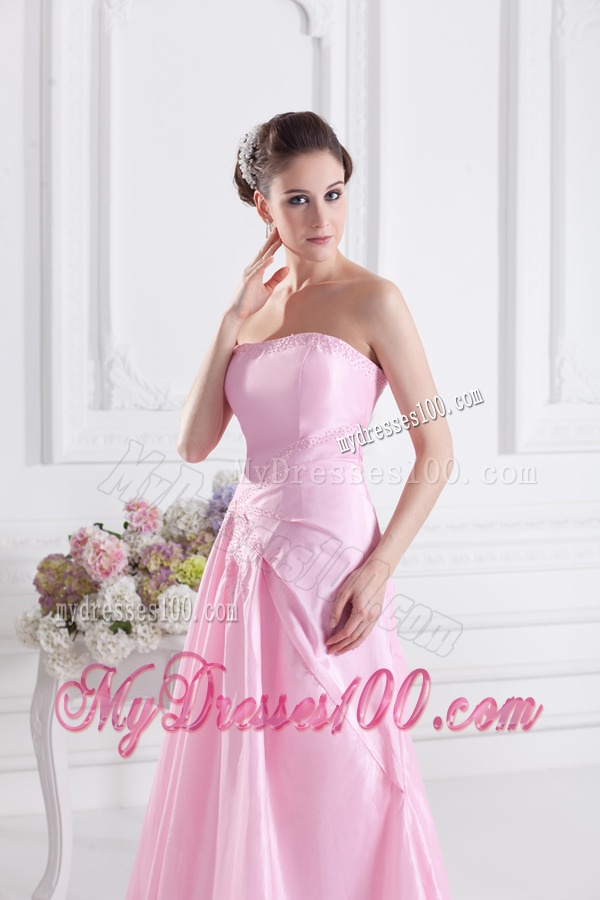 Baby Pink A-line Court Train Strapless Ruching Evening Dress