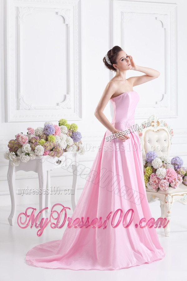 Baby Pink A-line Court Train Strapless Ruching Evening Dress