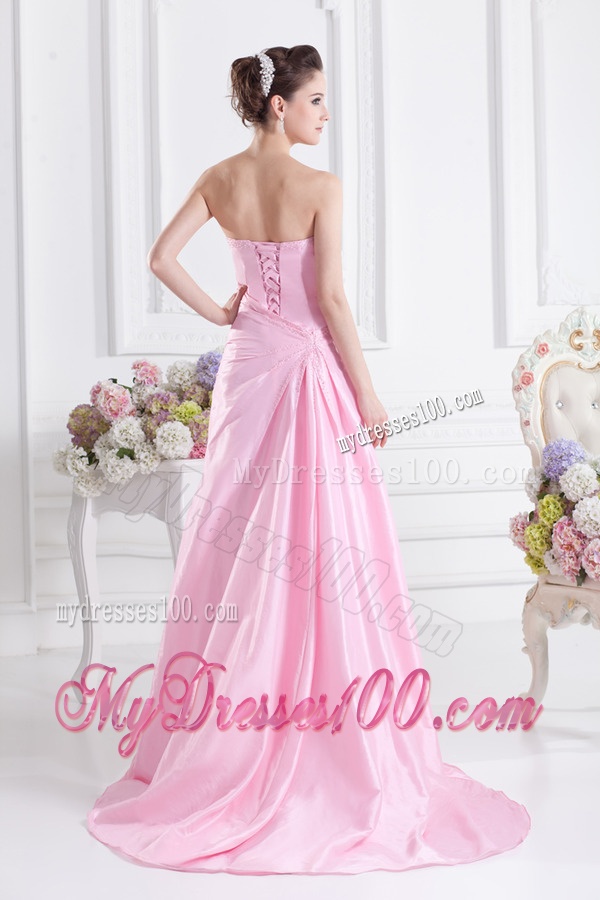 Baby Pink A-line Court Train Strapless Ruching Evening Dress