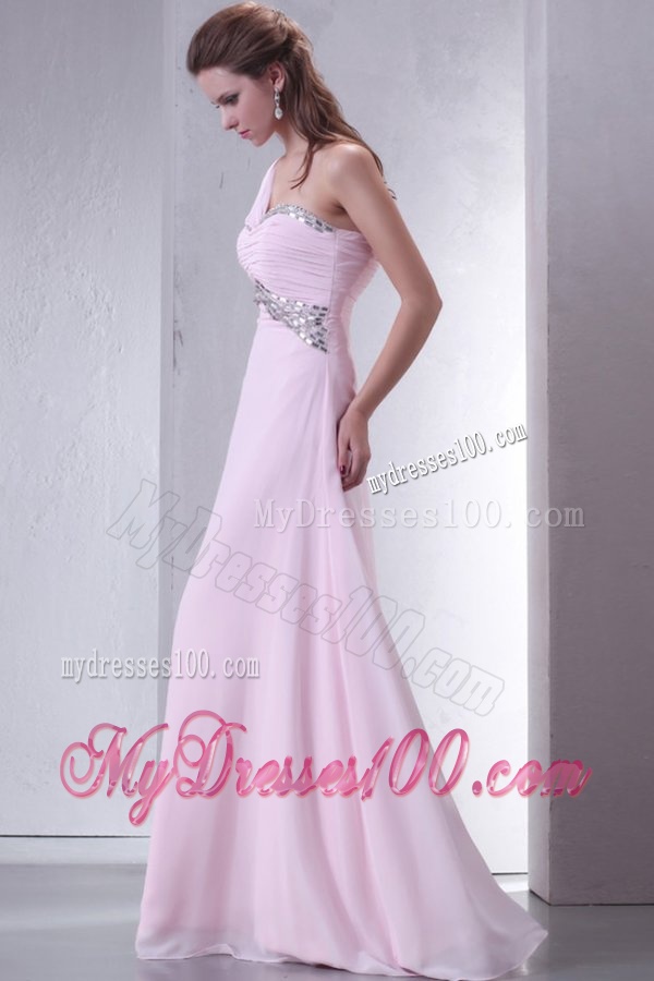 Baby Pink One Shoulder Beaded Decorate Chiffon Empire Evening Dress