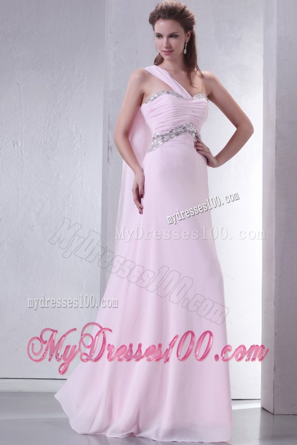 Baby Pink One Shoulder Beaded Decorate Chiffon Empire Evening Dress