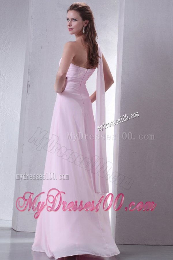 Baby Pink One Shoulder Beaded Decorate Chiffon Empire Evening Dress