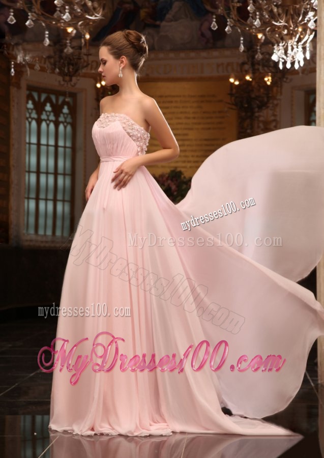 Baby Pink Strapless Appliques Ruching Brush Train Evening Dress