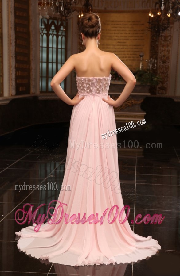 Baby Pink Strapless Appliques Ruching Brush Train Evening Dress