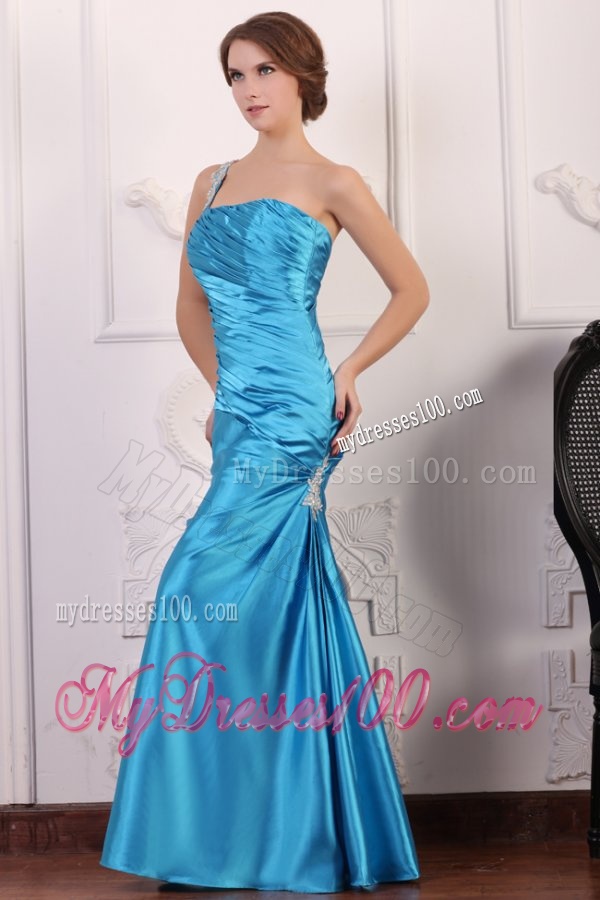 Blue One Shoulder Evening Dress with Beading and Ruching