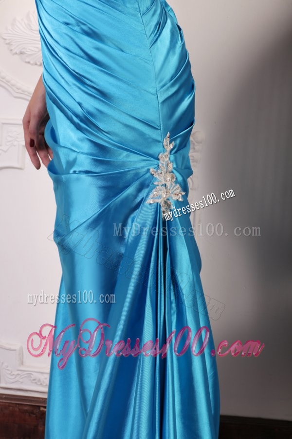 Blue One Shoulder Evening Dress with Beading and Ruching