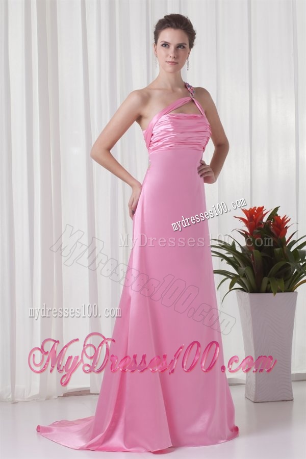 Brand new Column One Shoulder Brush Train Pink 2016 Evening Dress with Criss Cross