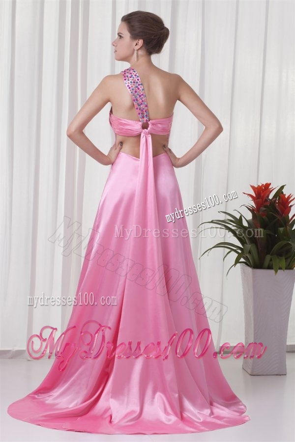 Brand new Column One Shoulder Brush Train Pink 2016 Evening Dress with Criss Cross