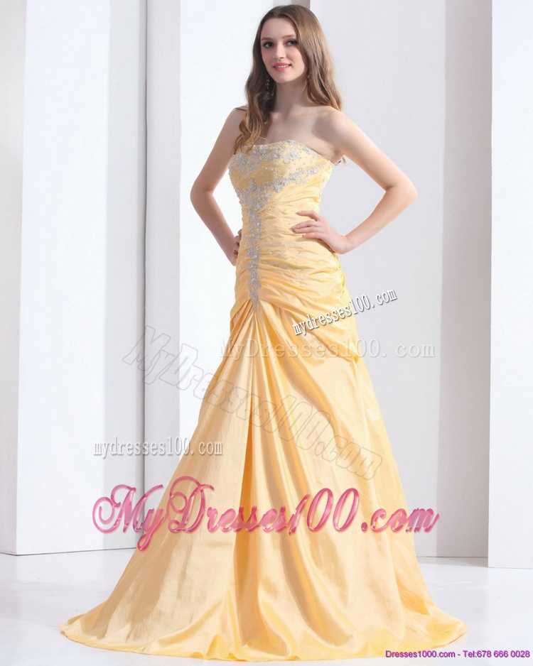 Brush Train Gold Evening Dresses with Ruching and Beading