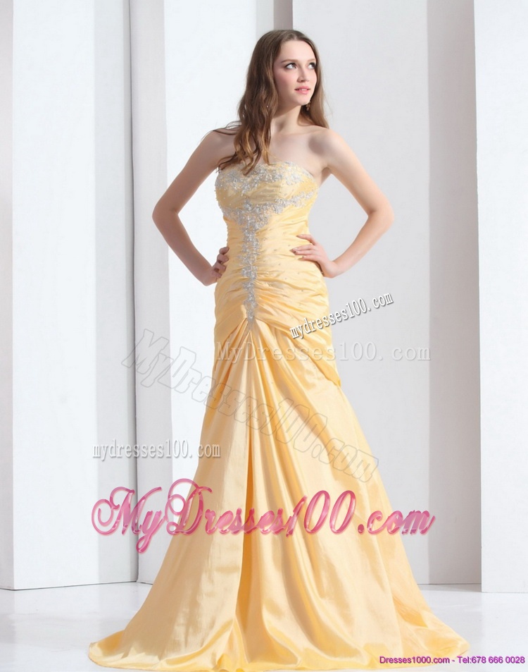 Brush Train Gold Evening Dresses with Ruching and Beading