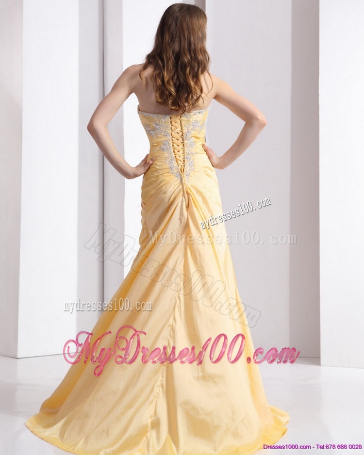 Brush Train Gold Evening Dresses with Ruching and Beading