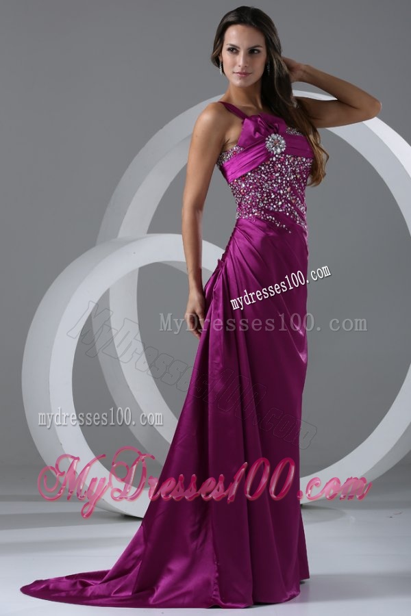 Brush Train Purple A-line One Shoulder Evening Dress with Beading