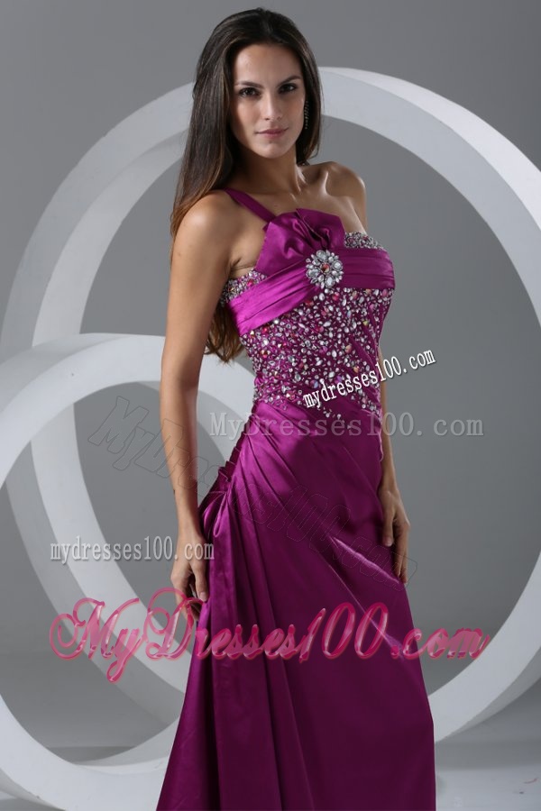 Brush Train Purple A-line One Shoulder Evening Dress with Beading