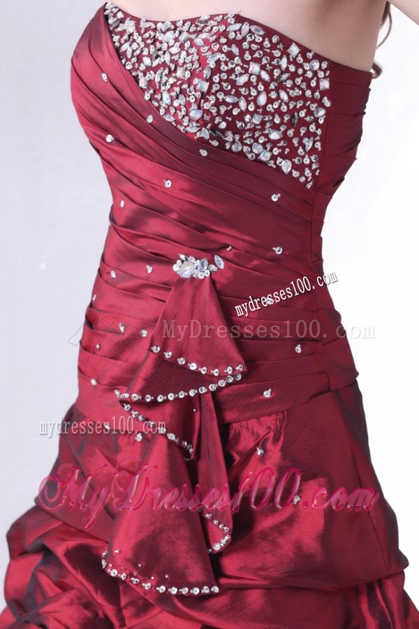 Burgundy A-line Strapless Evening Dress with Beading and Pick-ups