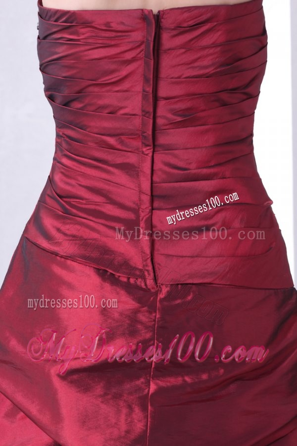 Burgundy A-line Strapless Evening Dress with Beading and Pick-ups