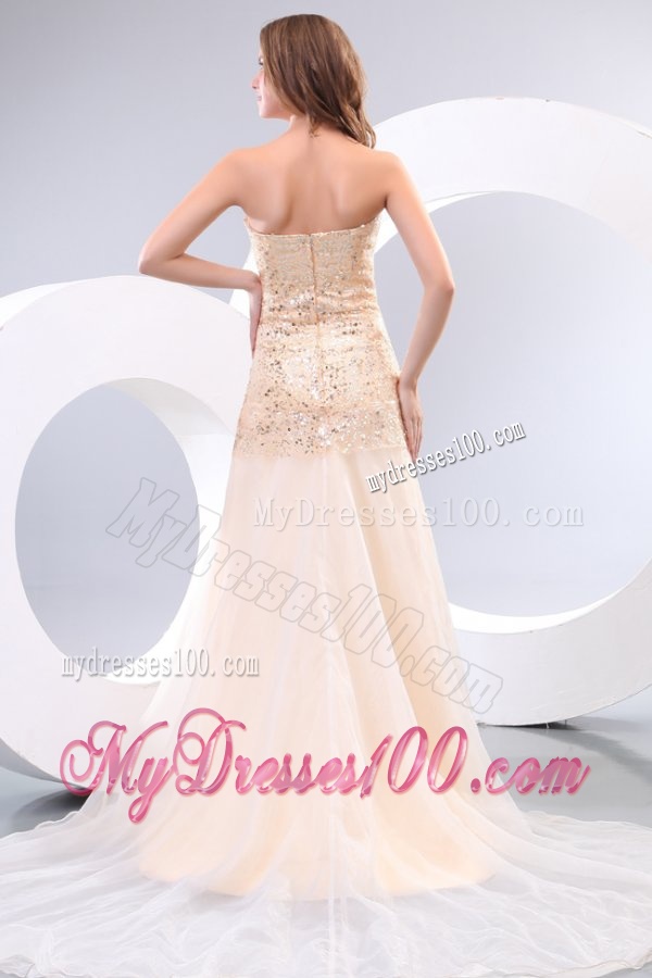 Champagne Sweetheart Rhinestone and Sequins A-line Evening Dress for Spring
