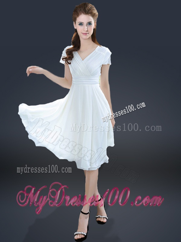 Cheap Knee Length V Neck Evening Dresses with Ruching