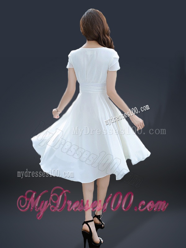 Cheap Knee Length V Neck Evening Dresses with Ruching