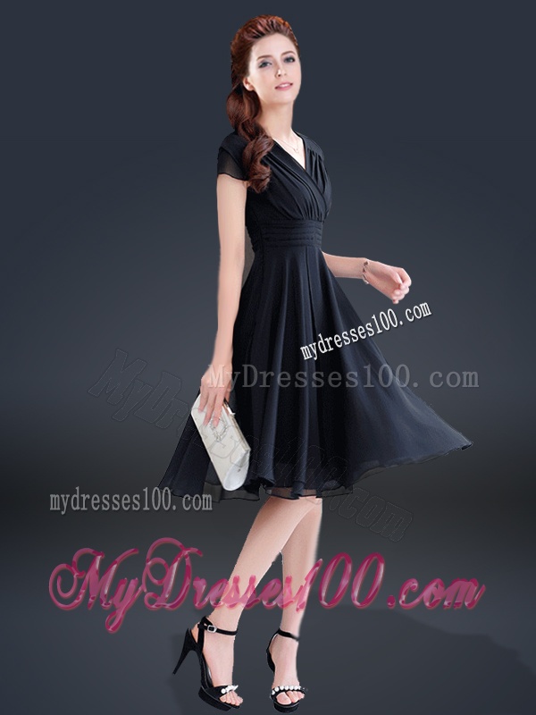 Cheap Knee Length V Neck Evening Dresses with Ruching