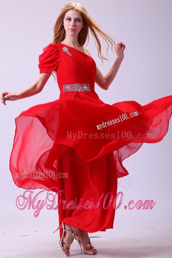 Chiffon Simple Empire One Shoulder Beading Short Sleeves Red Evening Dress