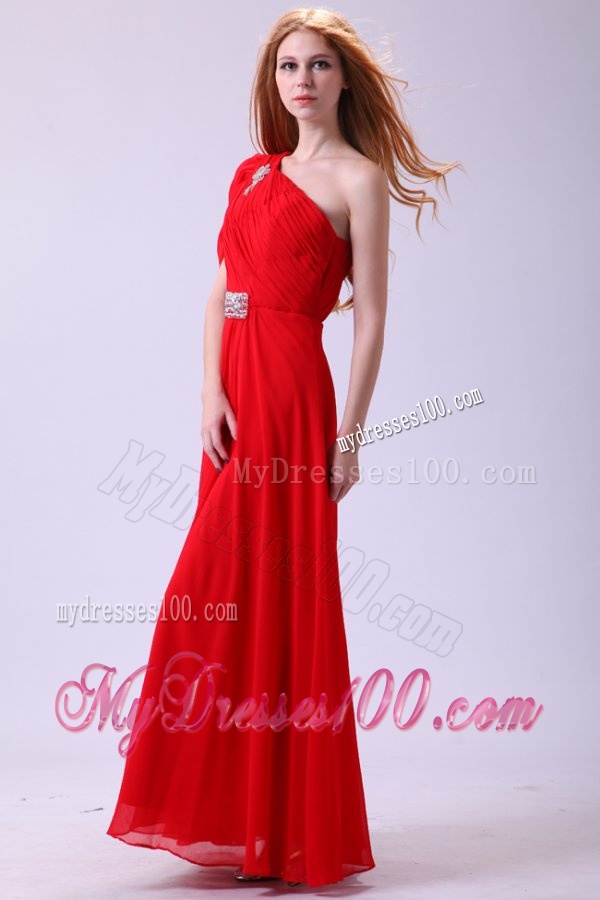 Chiffon Simple Empire One Shoulder Beading Short Sleeves Red Evening Dress