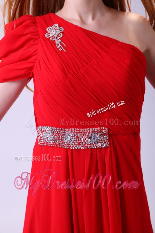Chiffon Simple Empire One Shoulder Beading Short Sleeves Red Evening Dress