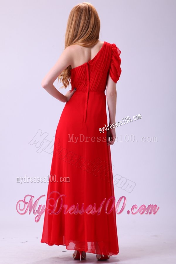 Chiffon Simple Empire One Shoulder Beading Short Sleeves Red Evening Dress