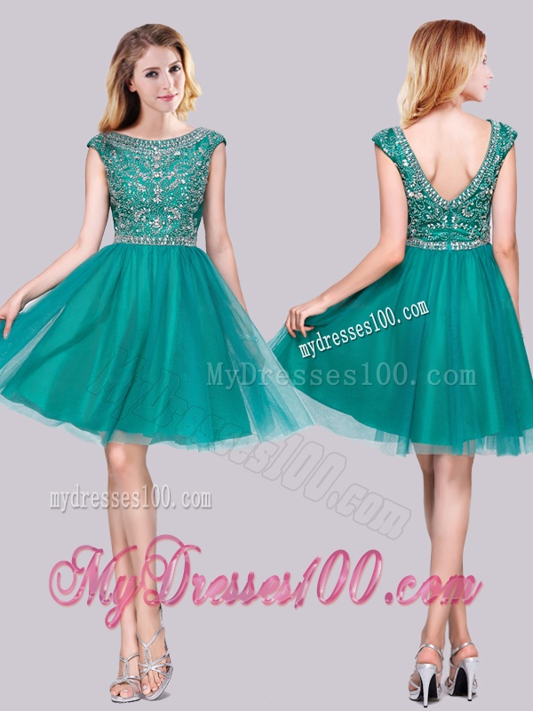Classical Cap Sleeves Tulle A Line Beaded Evening Dress in Turquoise