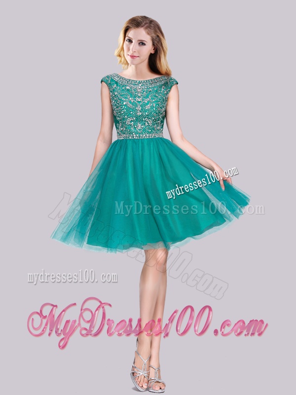 Classical Cap Sleeves Tulle A Line Beaded Evening Dress in Turquoise