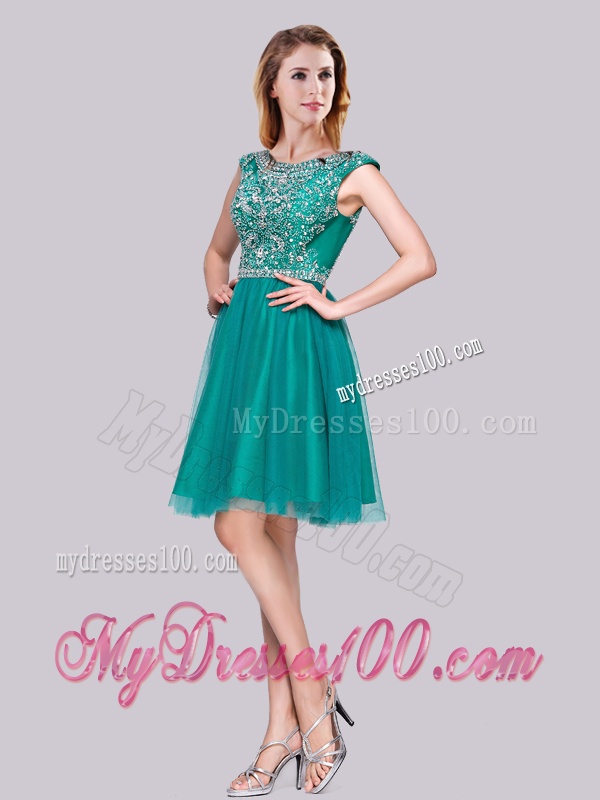 Classical Cap Sleeves Tulle A Line Beaded Evening Dress in Turquoise
