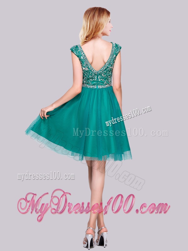 Classical Cap Sleeves Tulle A Line Beaded Evening Dress in Turquoise