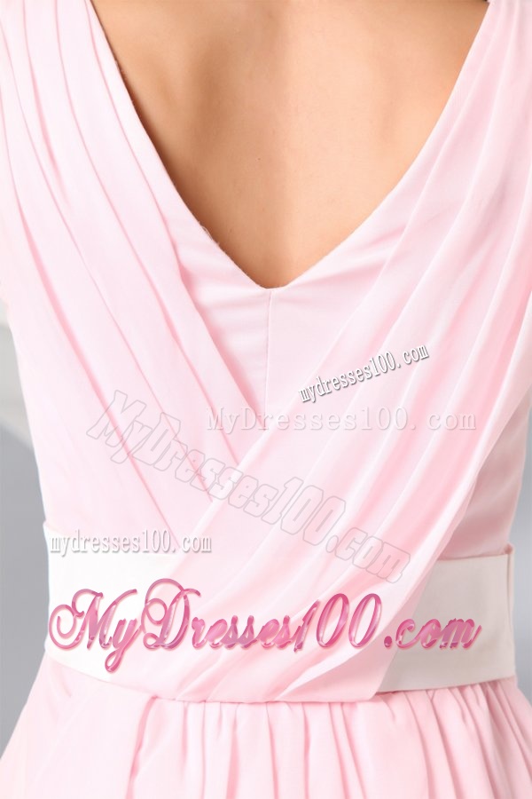 Column Baby Pink V-neck Chiffon Short Evening Cocktail Dress
