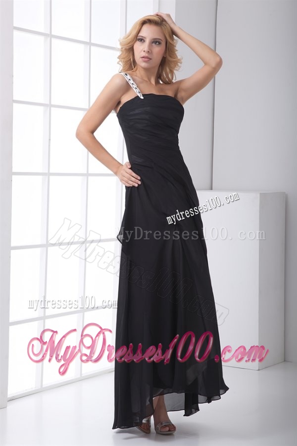Column Black One Shoulder Ankle-length Chiffon Ruching Evening Dress