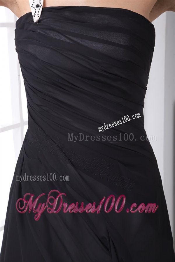Column Black One Shoulder Ankle-length Chiffon Ruching Evening Dress