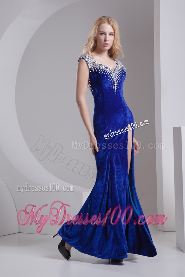 Column Blue Straps Beading High Slit Special Fabric Evening Dress