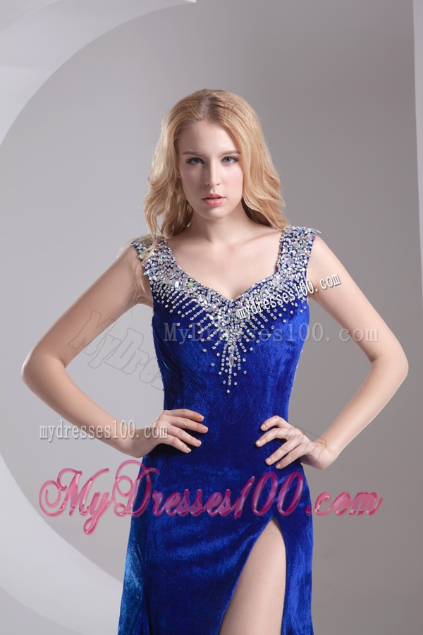 Column Blue Straps Beading High Slit Special Fabric Evening Dress