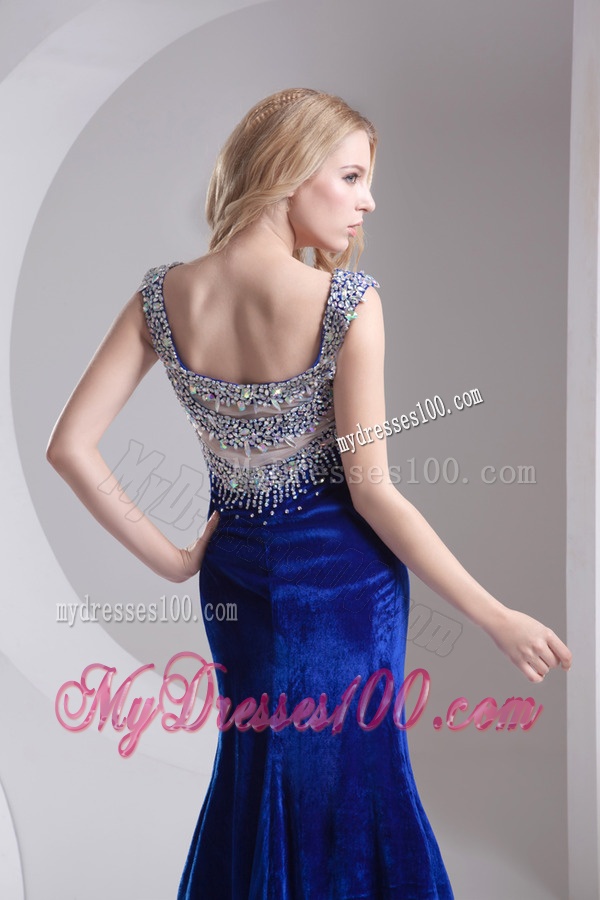 Column Blue Straps Beading High Slit Special Fabric Evening Dress